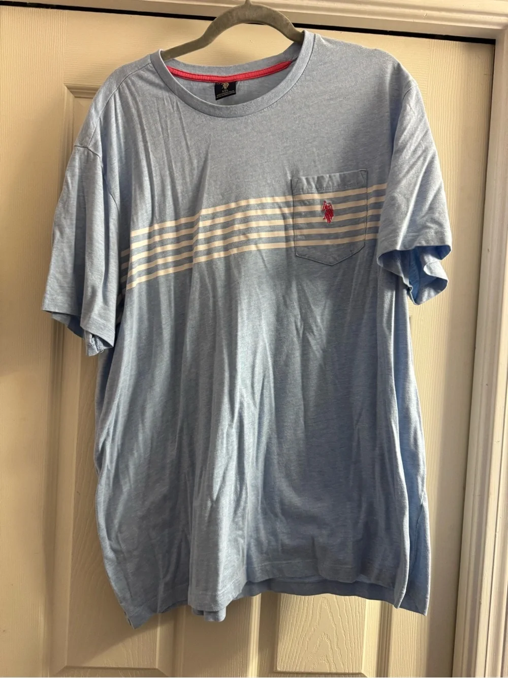 Light Blue Striped Pocket Tee with Red Logo - Men xxl